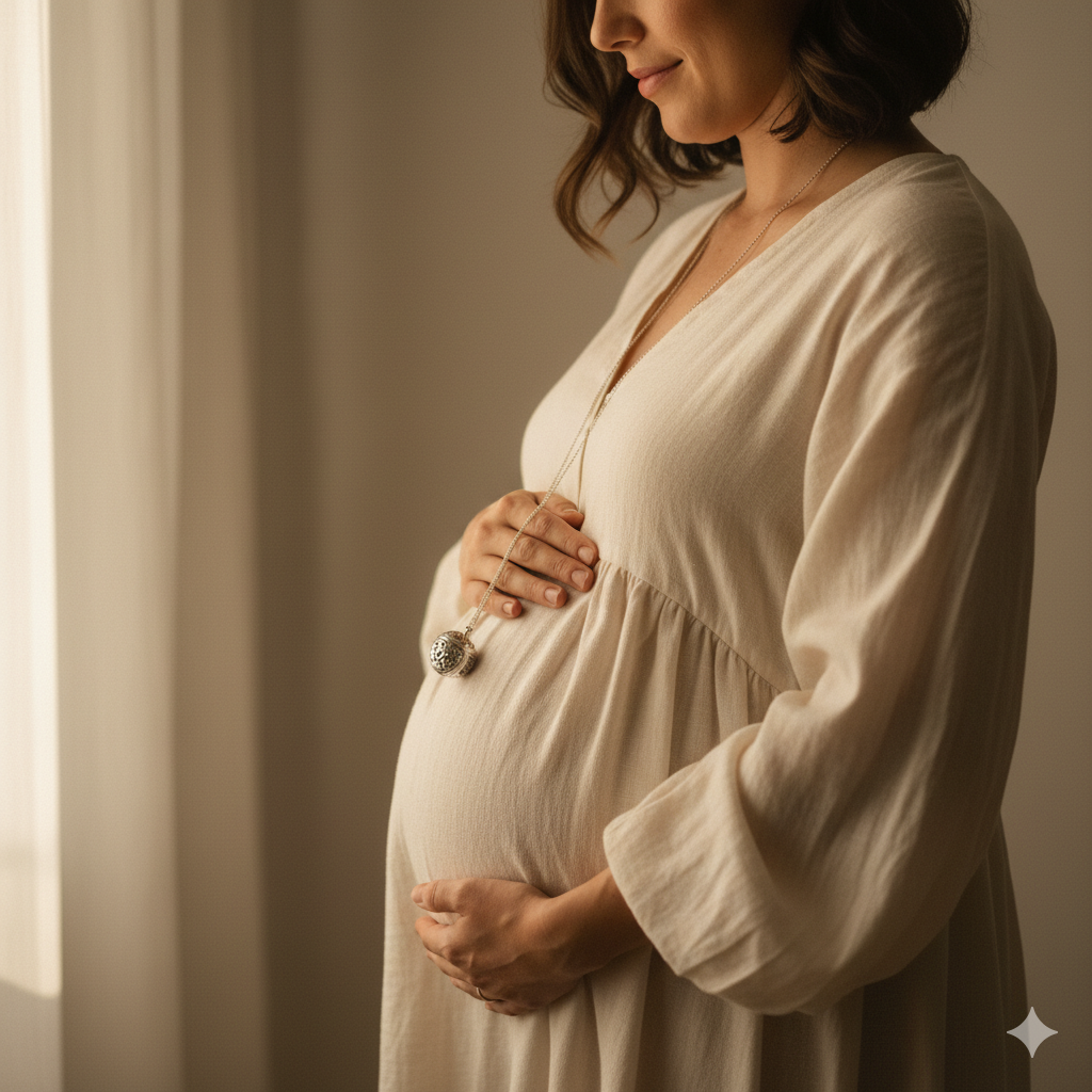 Femme enceinte portant un bola de grossesse en argent sterling aux gravures balinaises sur son ventre